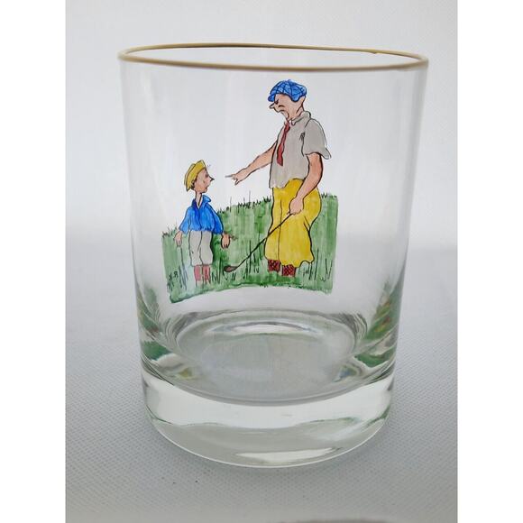 GLASSES-OLD FASHION-Cartoon Golfers-Gold Rim-Set of 3-SIGNED BY ARTIST - Picture 5 of 13